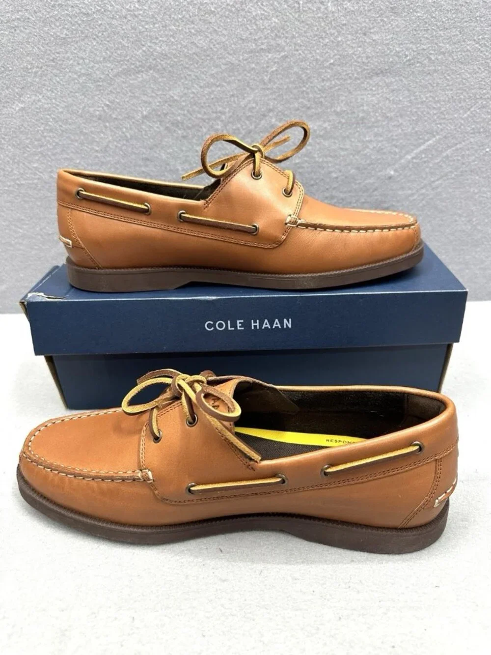 Cole Haan Grand+ Bowside Men 9.5 Boat Shoes Cognac Brown Leather Loafers C42132